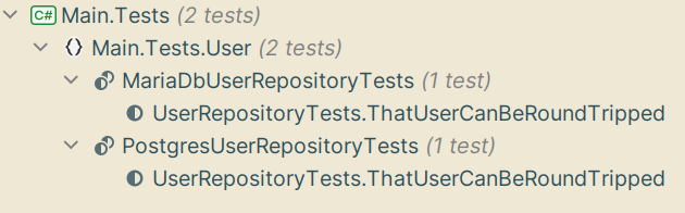 Screenshot of Rider's unit test explorer showing both MariaDbUserRepositoryTests and PostgresUserRepositoryTests