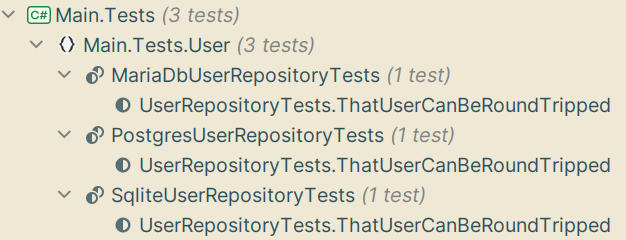 Screenshot of Rider's unit test explorer showing the newly generated SqliteUserRepositoryTestsalongside the previous MariaDbUserRepositoryTests and PostgresUserRepositoryTests